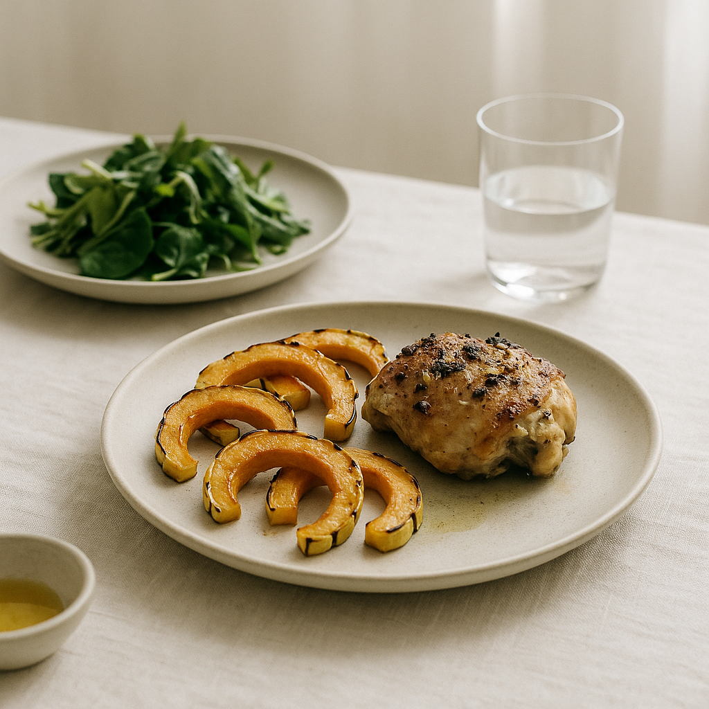 Roasted squash and garlic-herb chicken on pale ceramic plates with a linen backdrop.