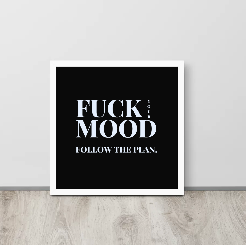 Bold Motivational Poster – 'Fuck Your Mood, Follow the Plan' Framed Wall Art (16″×16″)
